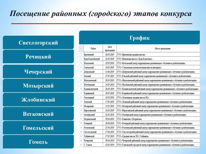 Светлогорский Посещение районных (городского) этапов конкурса Речицкий Чечерский Мозырский Жлобинский Ветковский Гомельский Гомель График