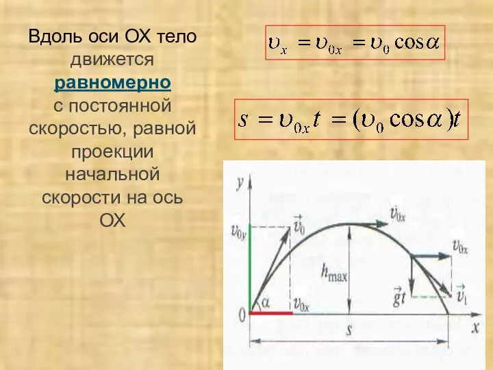 Вдоль оси ОХ тело движется равномерно с постоянной скоростью, равной проекции начальной скорости на ось ОХ