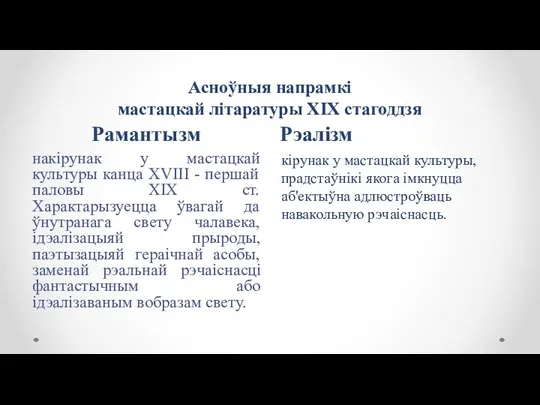 Асноўныя напрамкі мастацкай літаратуры XIX стагоддзя Рамантызм Рэалізм накірунак у мастацкай культуры