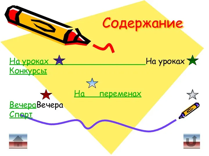 Содержание На уроках На уроках Конкурсы На переменах ВечераВечера Спорт