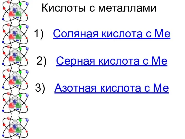 Соляная кислота с Ме Серная кислота с Ме Азотная кислота с Ме Кислоты с металлами