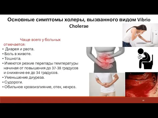 Основные симптомы холеры, вызванного видом Vibrio Cholerae Чаще всего у больных отмечается: