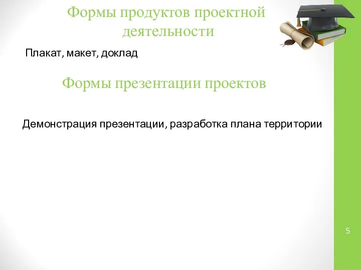 Формы продуктов проектной деятельности Плакат, макет, доклад Формы презентации проектов Демонстрация презентации, разработка плана территории