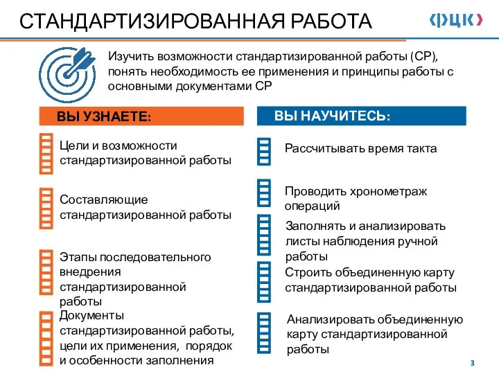 СТАНДАРТИЗИРОВАННАЯ РАБОТА ВЫ УЗНАЕТЕ: ВЫ НАУЧИТЕСЬ: Цели и возможности стандартизированной работы Рассчитывать