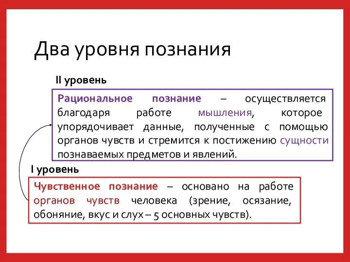 Два уровня познания Чувственное познание – основано на работе органов чувств человека