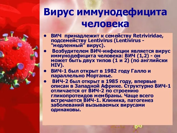 Вирус иммунодефицита человека ВИЧ принадлежит к семейству Retriviridae, подсемейству Lentivirus (Lentivirus -