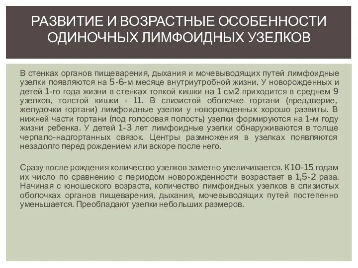 В стенках органов пищеварения, дыхания и мочевыводящих путей лимфоидные узелки появляются на