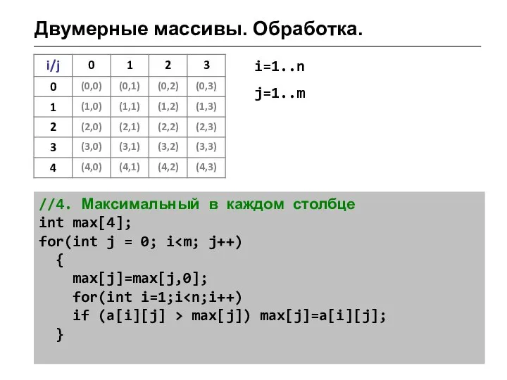 Двумерные массивы. Обработка. //4. Максимальный в каждом столбце int max[4]; for(int j