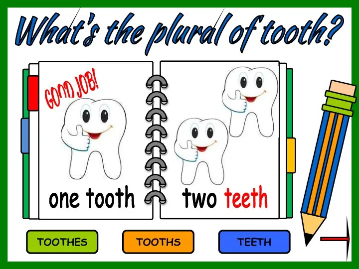 What's the plural of tooth? TOOTHS TEETH TOOTHES teeth one tooth two GOOD JOB!