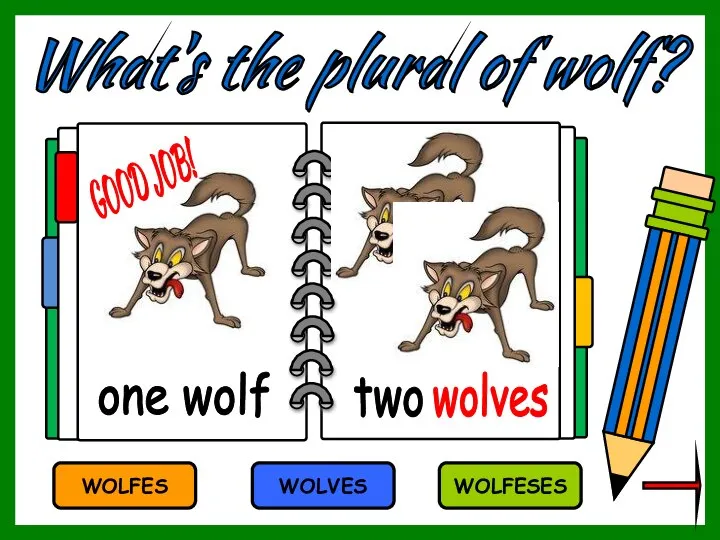 What's the plural of wolf? WOLFES WOLVES WOLFESES wolves one wolf two GOOD JOB!