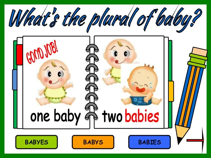 What's the plural of baby? BABYS BABIES BABYES babies one baby two GOOD JOB!