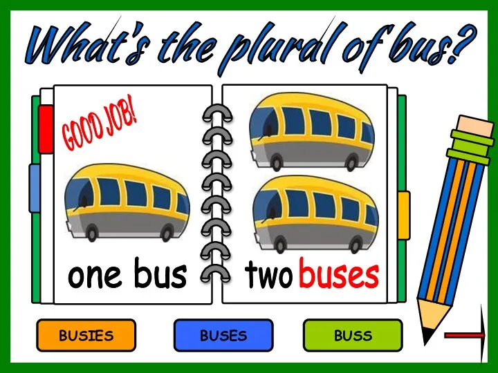 What's the plural of bus? BUSIES BUSES BUSS buses one bus two GOOD JOB!