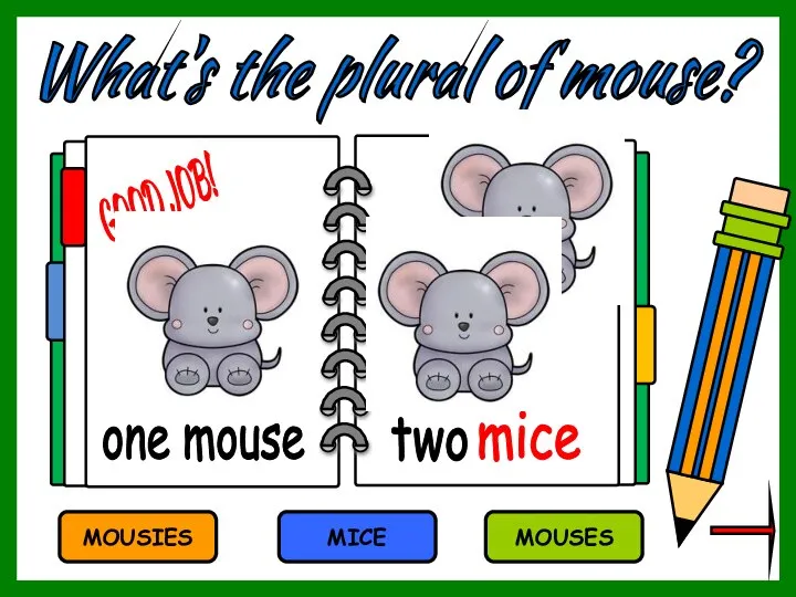 What's the plural of mouse? MOUSIES MICE MOUSES mice one mouse two GOOD JOB!