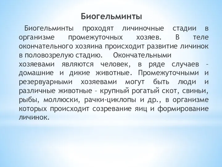 Биогельминты Биогельминты проходят личиночные стадии в организме промежуточных хозяев. В теле окончательного