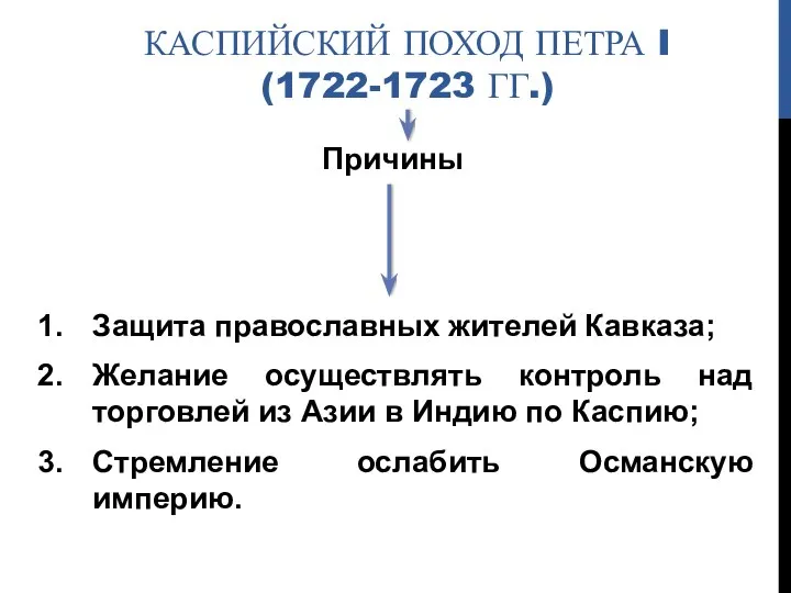 КАСПИЙСКИЙ ПОХОД ПЕТРА I (1722-1723 ГГ.) Причины Защита православных жителей Кавказа; Желание