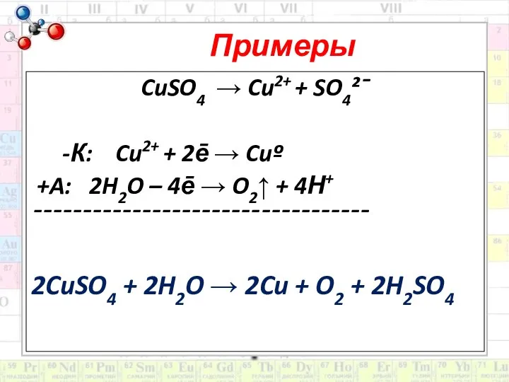 CuSO4 → Cu2+ + SO4²ˉ -К: Cu2+ + 2ē → Cuº +A: