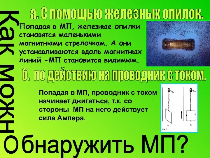 Как можн бнаружить МП? О Попадая в МП, железные опилки становятся маленькими