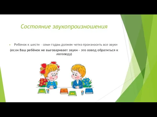 Состояние звукопроизношения Ребенок к шести – семи годам должен четко произносить все