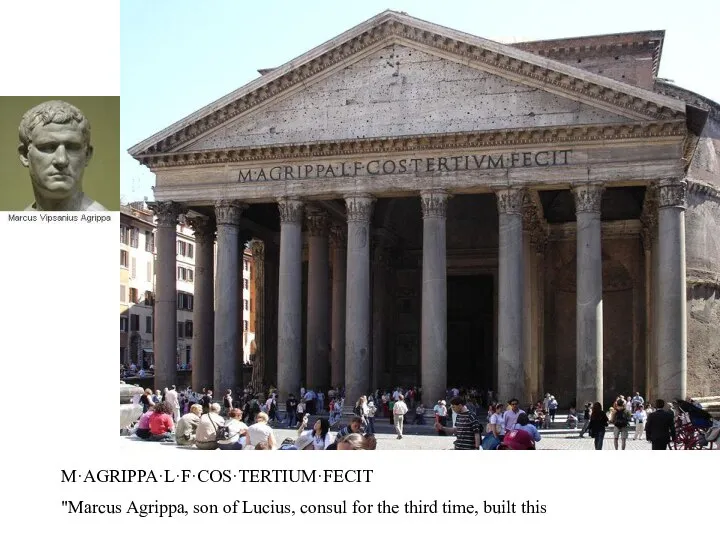 M·AGRIPPA·L·F·COS·TERTIUM·FECIT "Marcus Agrippa, son of Lucius, consul for the third time, built this