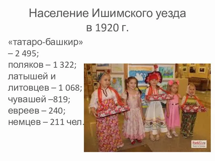 Население Ишимского уезда в 1920 г. «татаро-башкир» – 2 495; поляков –