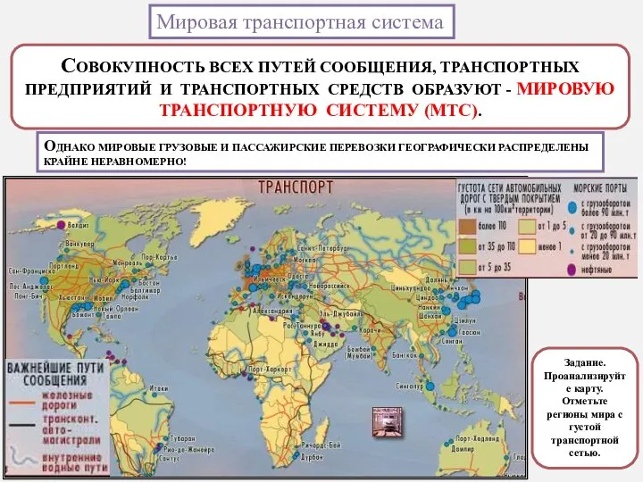 Мировая транспортная система СОВОКУПНОСТЬ ВСЕХ ПУТЕЙ СООБЩЕНИЯ, ТРАНСПОРТНЫХ ПРЕДПРИЯТИЙ И ТРАНСПОРТНЫХ СРЕДСТВ