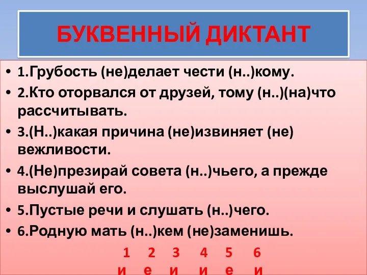 БУКВЕННЫЙ ДИКТАНТ 1.Грубость (не)делает чести (н..)кому. 2.Кто оторвался от друзей, тому (н..)(на)что