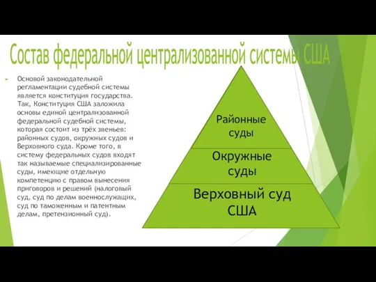 Состав федеральной централизованной системы США Основой законодательной регламентации судебной системы является конституция