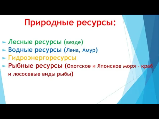 Природные ресурсы: Лесные ресурсы (везде) Водные ресурсы (Лена, Амур) Гидроэнергоресурсы Рыбные ресурсы