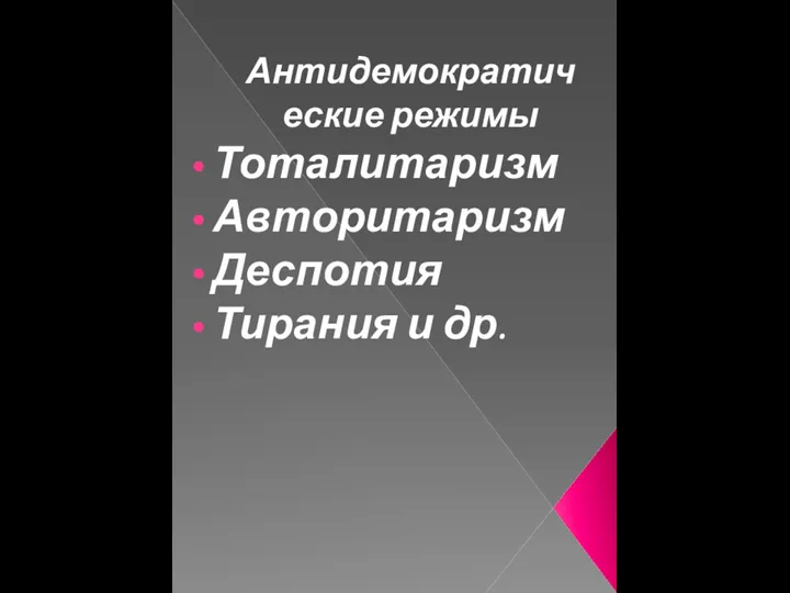 Антидемократические режимы Тоталитаризм Авторитаризм Деспотия Тирания и др.