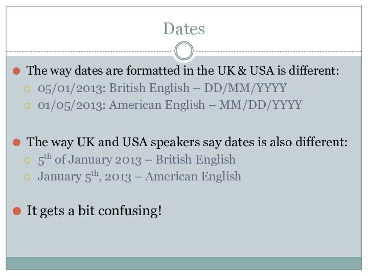 Dates The way dates are formatted in the UK & USA is