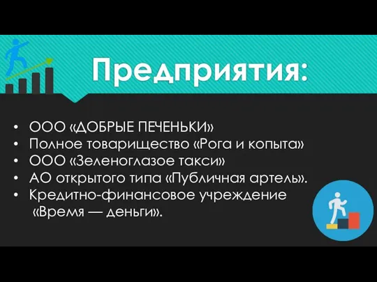 Предприятия: ООО «ДОБРЫЕ ПЕЧЕНЬКИ» Полное товарищество «Рога и копыта» ООО «Зеленоглазое такси»