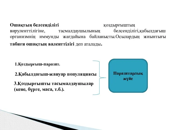 Ошақтың белсенділігі қоздырғыштың вируленттілігіне, тасмалдаушылының белсенділігі,қабылдағыш организмнің иммунды жағдайына байланысты.Осылардың жиынтығы табиғи