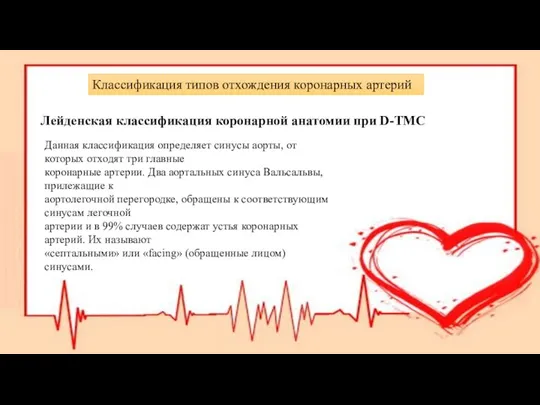 Классификация типов отхождения коронарных артерий Лейденская классификация коронарной анатомии при D-ТМС Данная