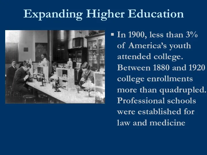 Expanding Higher Education In 1900, less than 3% of America’s youth attended