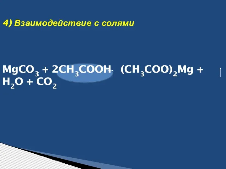 4) Взаимодействие с солями MgCO3 + 2CH3COOH (CH3COO)2Mg + H2O + CO2