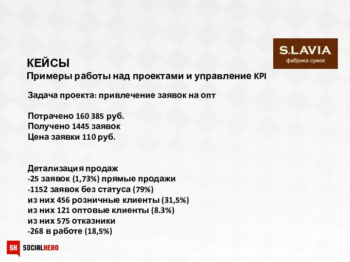 КЕЙСЫ Примеры работы над проектами и управление KPI Задача проекта: привлечение заявок