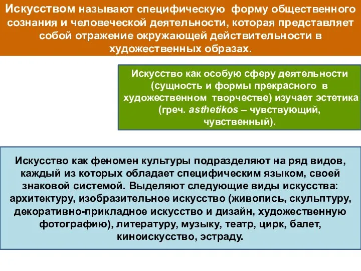 Искусством называют специфическую форму общественного сознания и человеческой деятельности, которая представляет собой