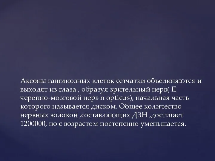 Аксоны ганглиозных клеток сетчатки объединяются и выходят из глаза , образуя зрительный