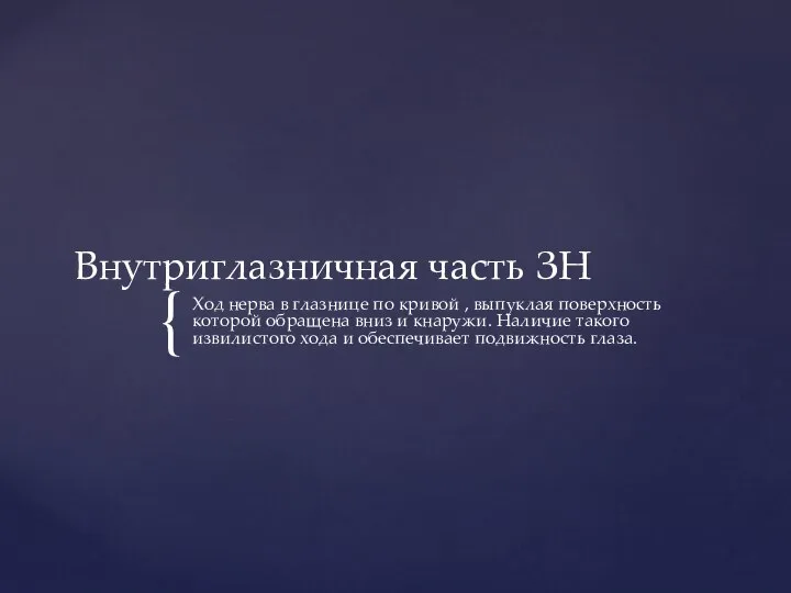 Внутриглазничная часть ЗН Ход нерва в глазнице по кривой , выпуклая поверхность