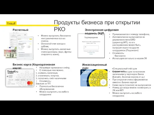 Продукты бизнеса при открытии РКО Электронная цифровая подпись ЭЦП Бизнес карта (Корпоративная