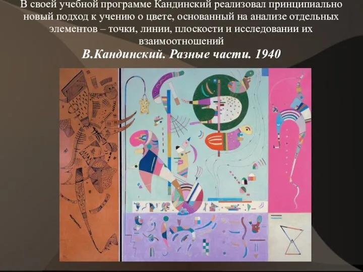 В своей учебной программе Кандинский реализовал принципиально новый подход к учению о