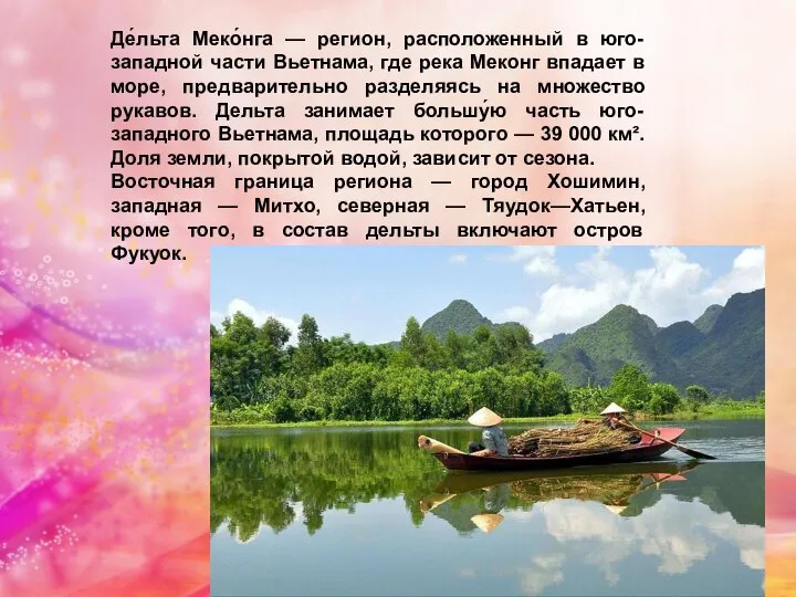 Де́льта Меко́нга — регион, расположенный в юго-западной части Вьетнама, где река Меконг