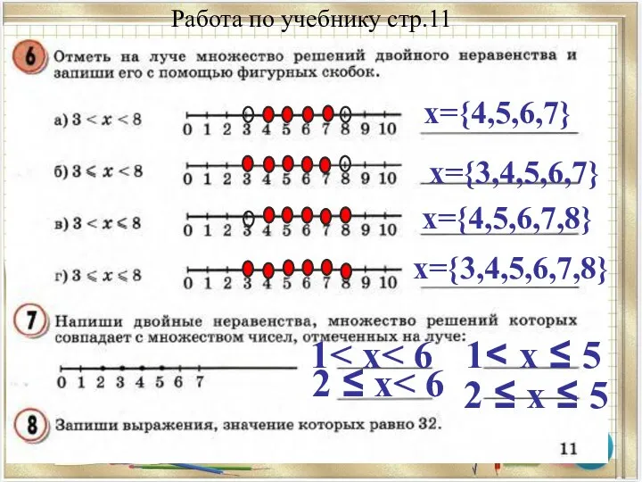 Работа по учебнику стр.11 х={4,5,6,7} х={3,4,5,6,7} х={4,5,6,7,8} х={3,4,5,6,7,8} 1 2 ≤ х