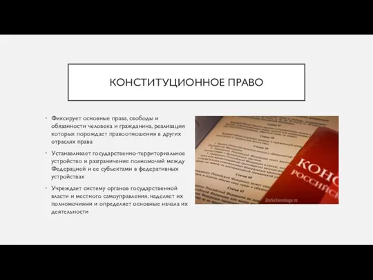 КОНСТИТУЦИОННОЕ ПРАВО Фиксирует основные права, свободы и обязанности человека и гражданина, реализация