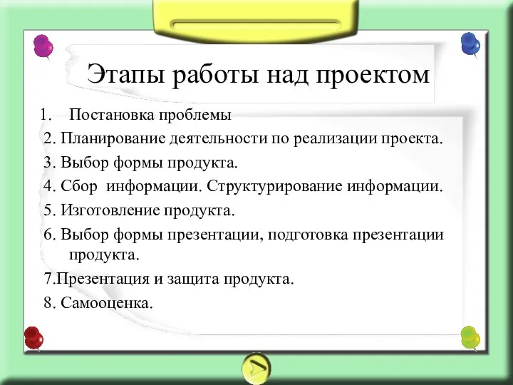 Постановка проблемы 2. Планирование деятельности по реализации проекта. 3. Выбор формы продукта.