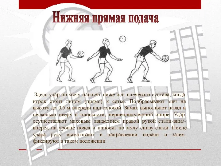 Здесь удар по мячу наносят ниже оси плечевого сустава, когда игрок стоит