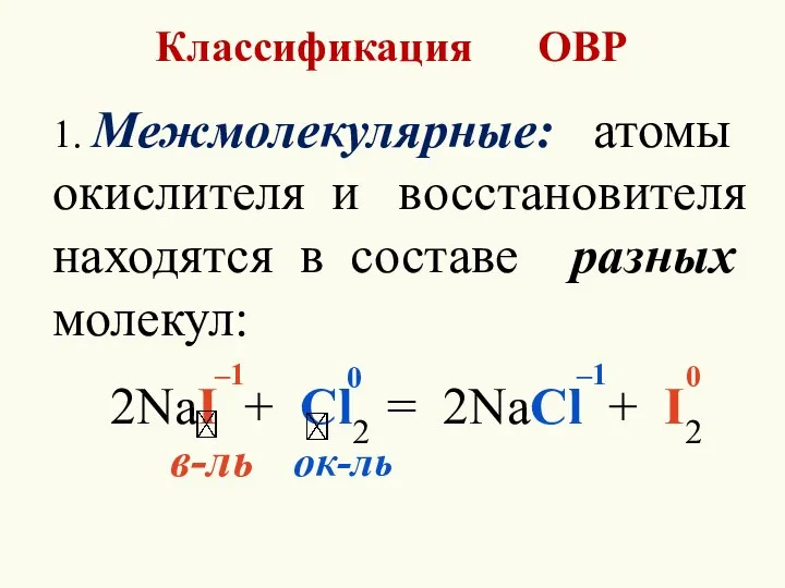 Классификация ОВР 1. Межмолекулярные: атомы окислителя и восстановителя находятся в составе разных