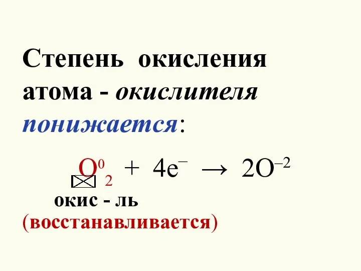 Степень окисления атома - окислителя понижается: O02 + 4e– → 2O–2 окис - ль (восстанавливается)