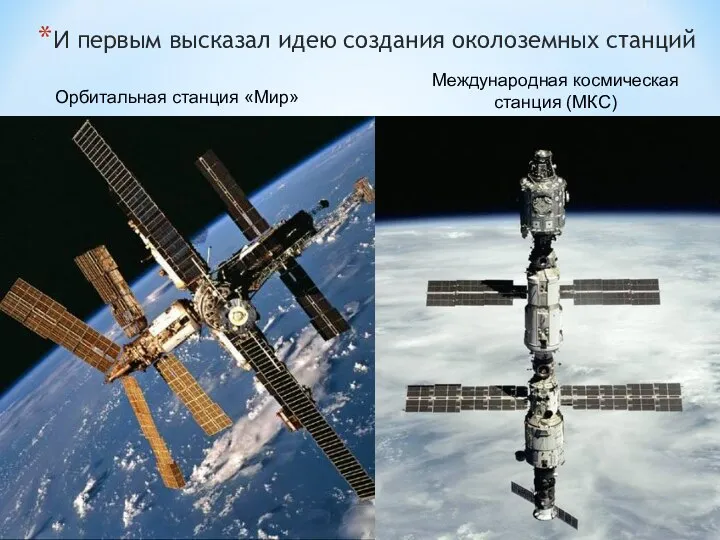 И первым высказал идею создания околоземных станций Орбитальная станция «Мир» Международная космическая станция (МКС)