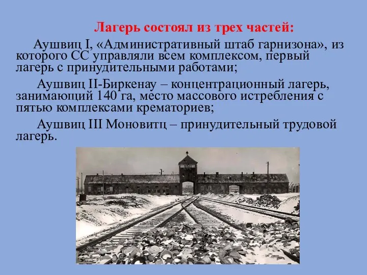 Лагерь состоял из трех частей: Аушвиц I, «Административный штаб гарнизона», из которого